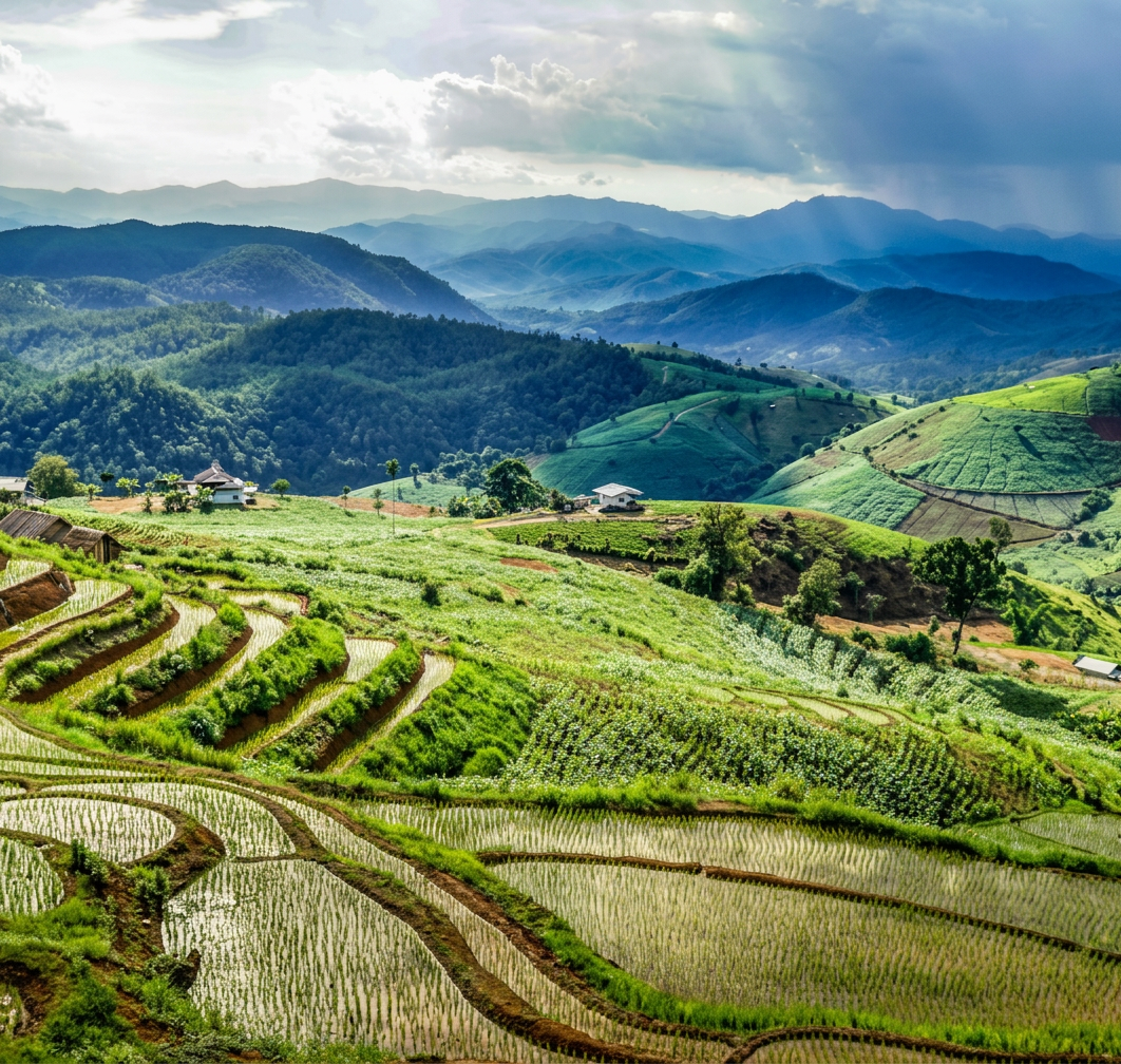 Terraced rice fields and mountain landscape in Mae Rim, Chiang Mai